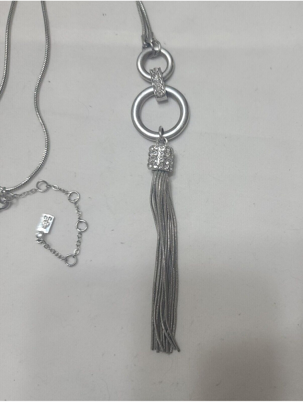 Jennifer Lopez JLO Tassel Necklace Baguette Pendant Silver Tone Marked